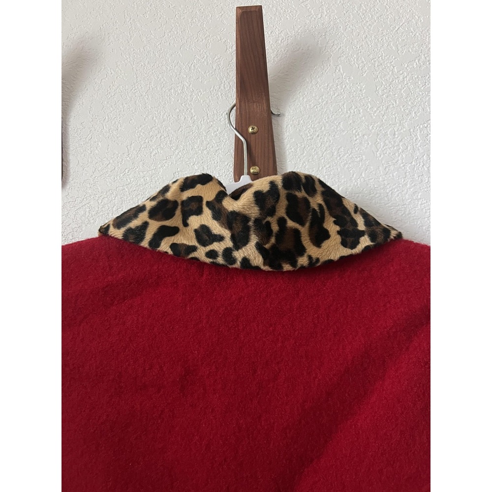 Lisa International Vest Womens Medium Red Wool Faux Fur Leopard Collar Zip - Picture 11 of 13